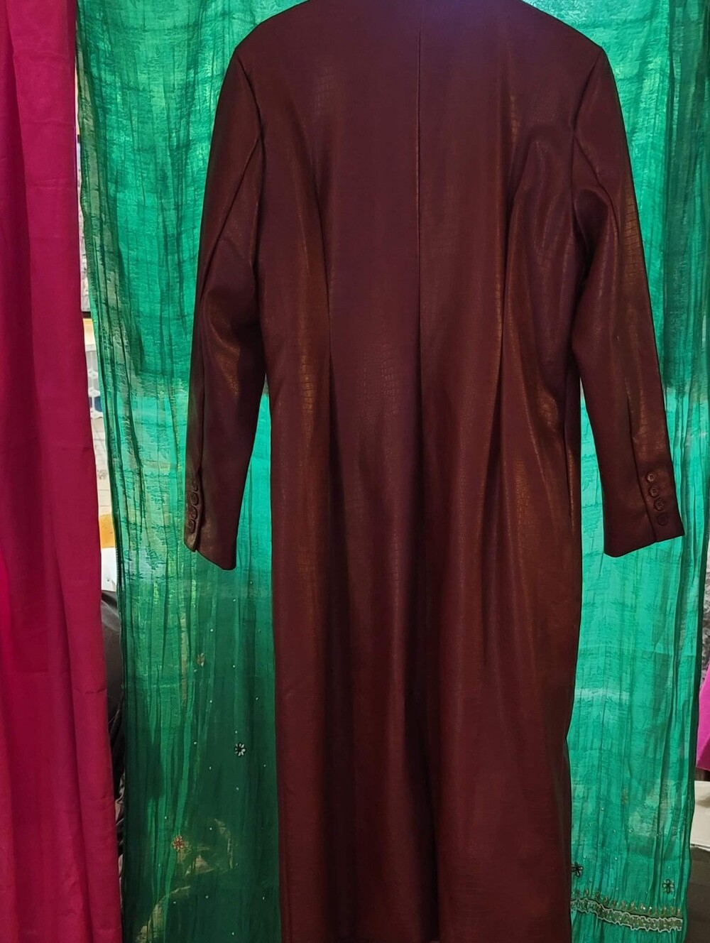 Women’s Long Deep Red Faux Leather Coat With Croc Embossed Pattern